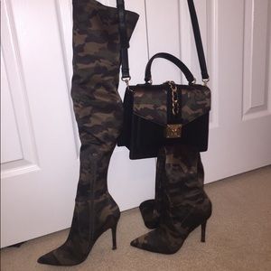 Camo thigh high boots and matching purse